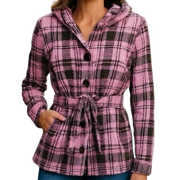 VTG Clueless Preppy wool blend Peter Pan Ruffle pink brown plaid tie jacket XL - Picture 1 of 10